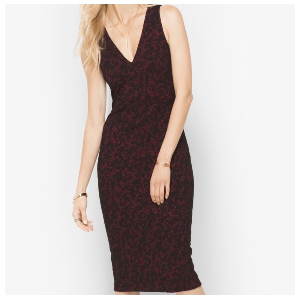 Michael Kors Bodycon Dress Sleeveless V-Neck Burgundy Black Pattern Lace Size 2 - Picture 2 of 16